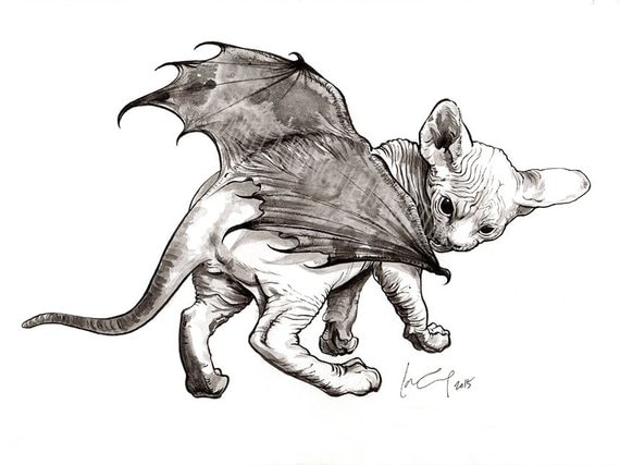 cat- bat - Halloween - Little Diablo - Ink - Painting - Isabella Kung 